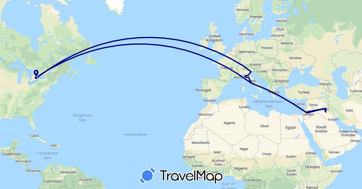 TravelMap itinerary: driving in Canada, Switzerland, Iraq, Italy, Jordan (Asia, Europe, North America)